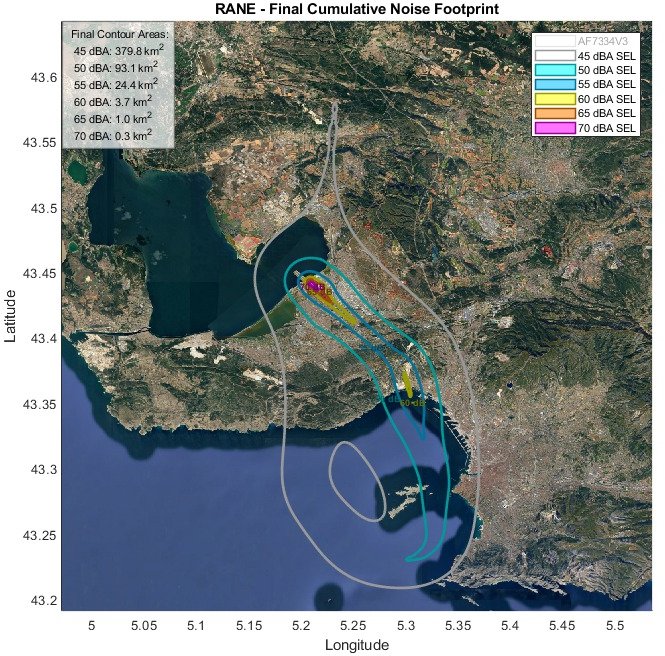 Cumulative noise footprint map around Marseille Airport with colour-coded SEL contours